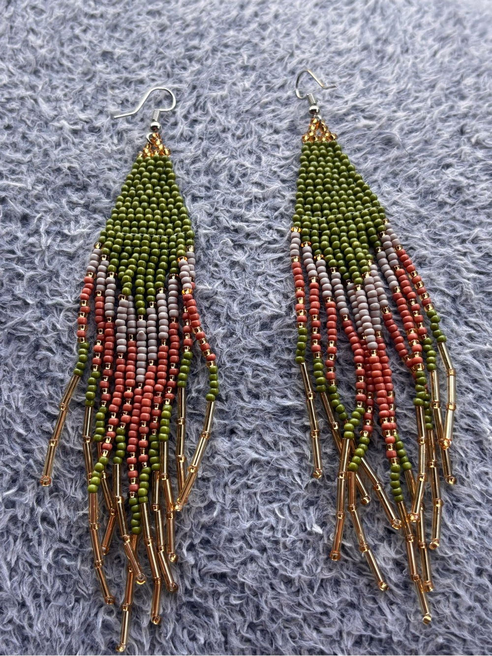 Handmade Olive Green Beaded Fringe Earrings - Handmade